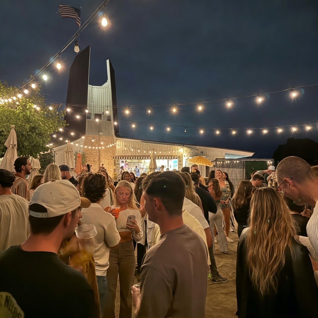 Evening crowd under string lights at Mission Bay Beach Club for Sunset Trivia