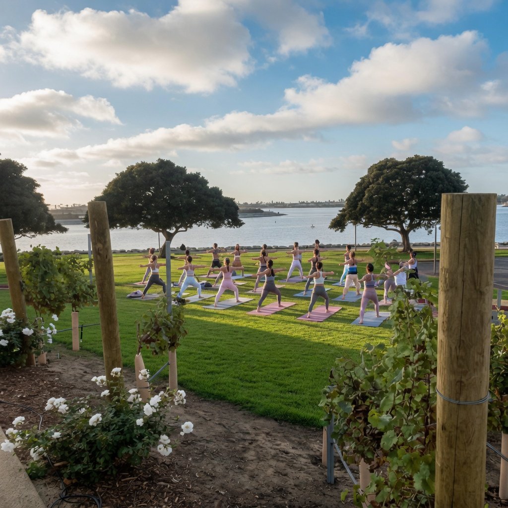 Morning yoga on the lawn overlooking Mission Bay