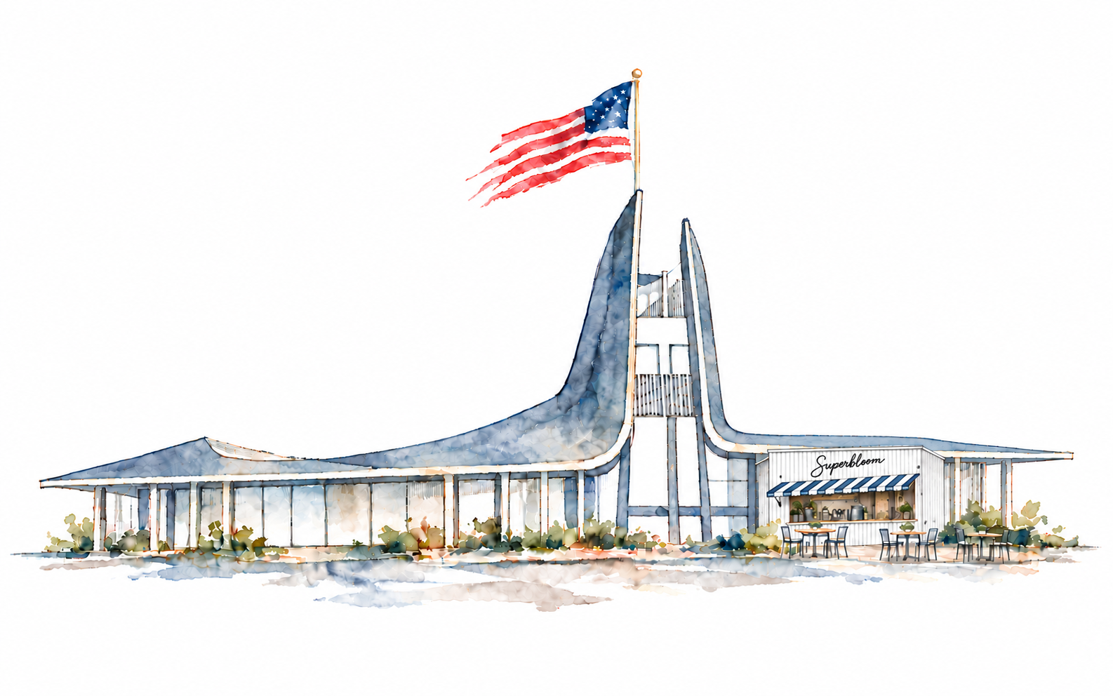 Wispy architectural watercolor of Mission Bay Beach Club, with its long sweeping roof, slender tower, roof-mounted American flag, Superbloom striped awning, and cafe patio