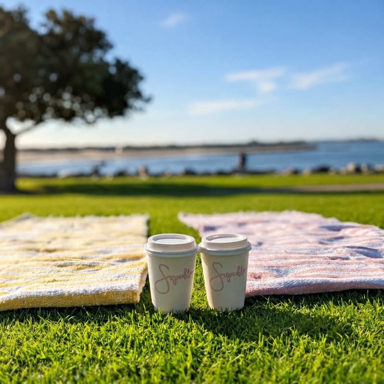Two Superbloom coffees on picnic blankets beside Mission Bay